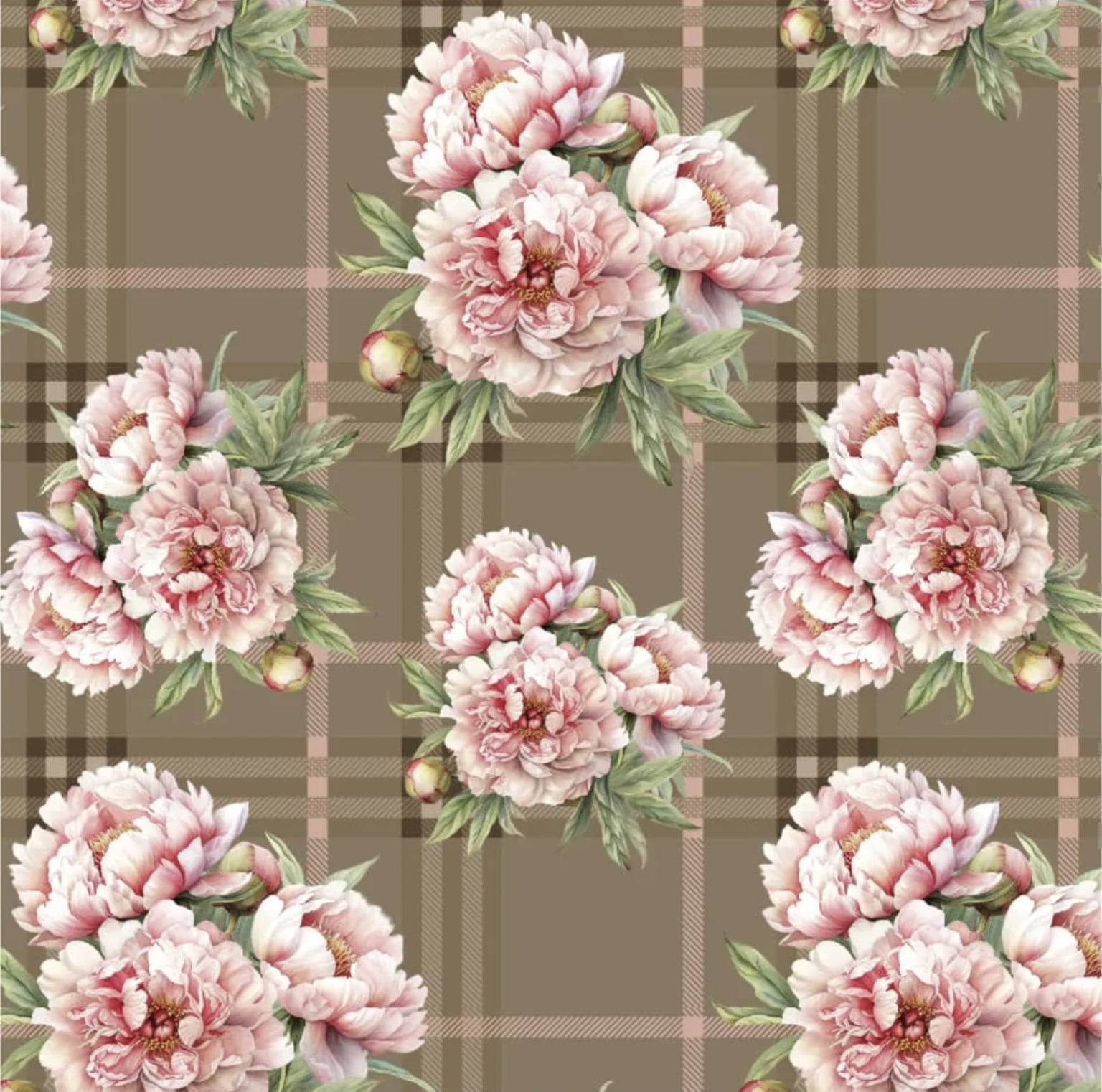 Tricoline estampa digital xadrez com flores fundo marrom 