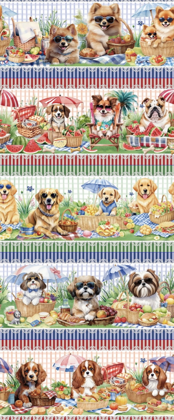 Tricoline estampa digital barrado cachorrinhos estilosos - CORTES 0,55m x 1,50m