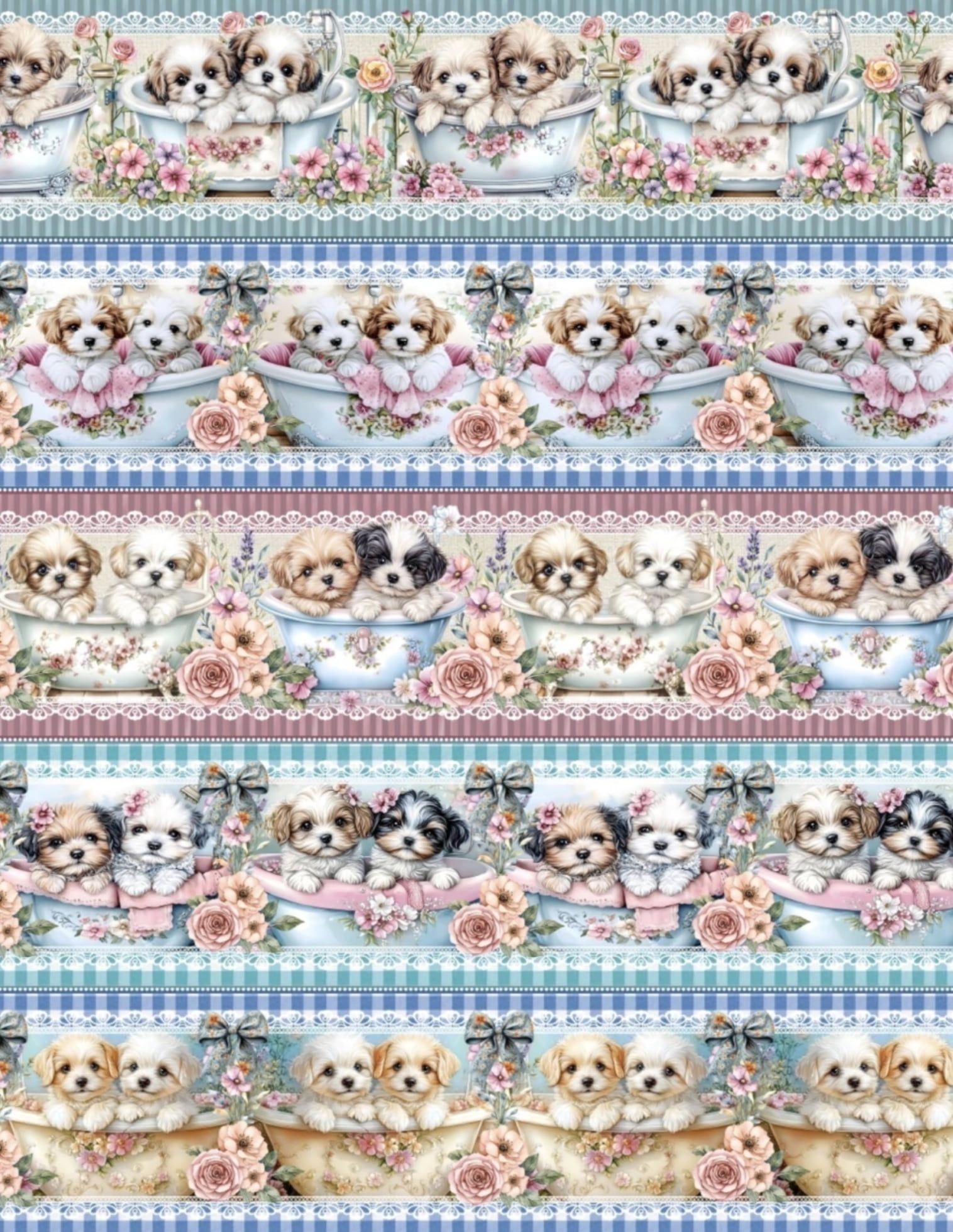 Tricoline estampa digital barrado cachorrinhos relaxando - CORTES 0,55m x 1,50m 