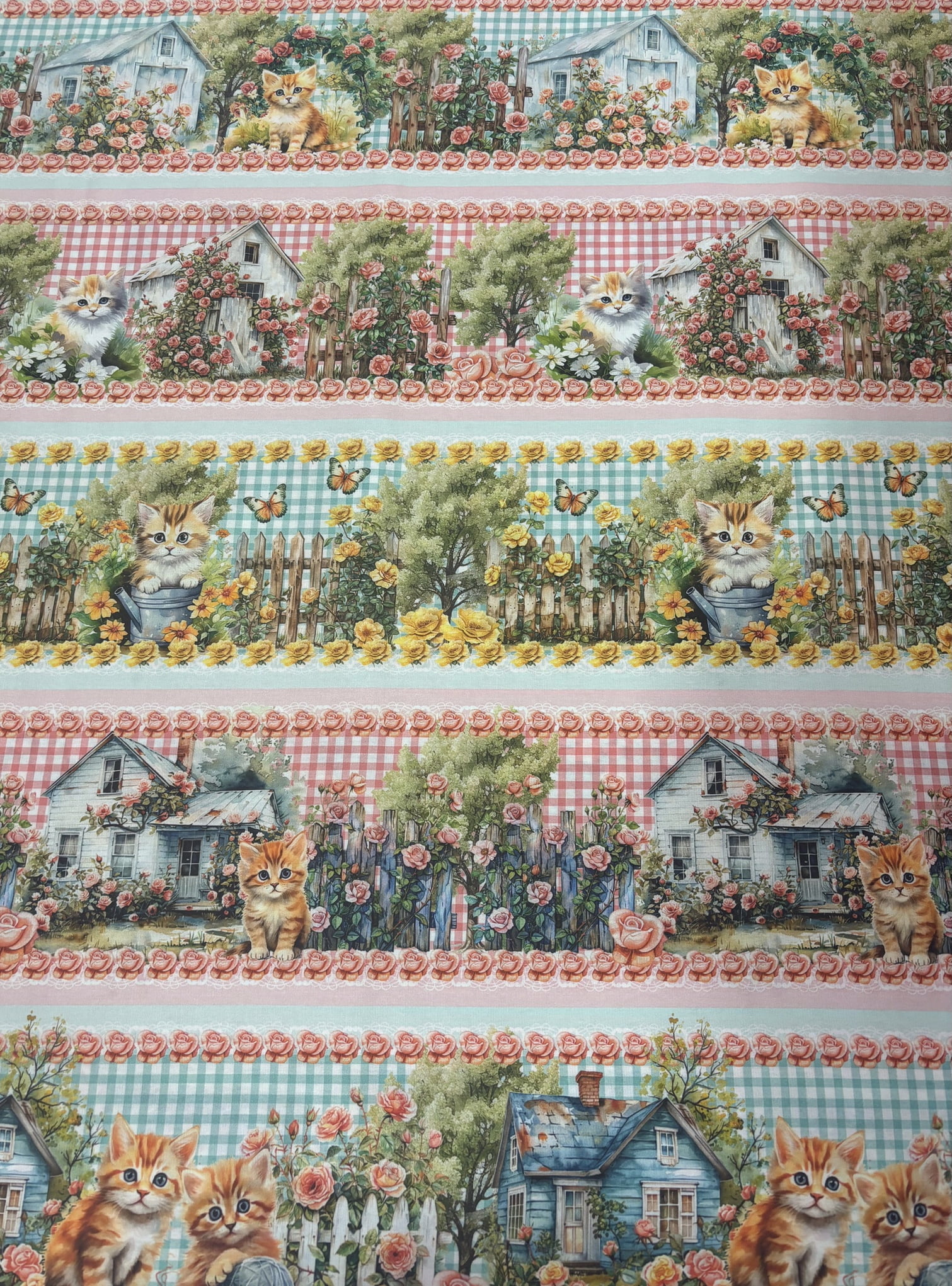 Tricoline estampa digital barrado gatinhos na cerca - CORTES 0,55m x 1,50m 