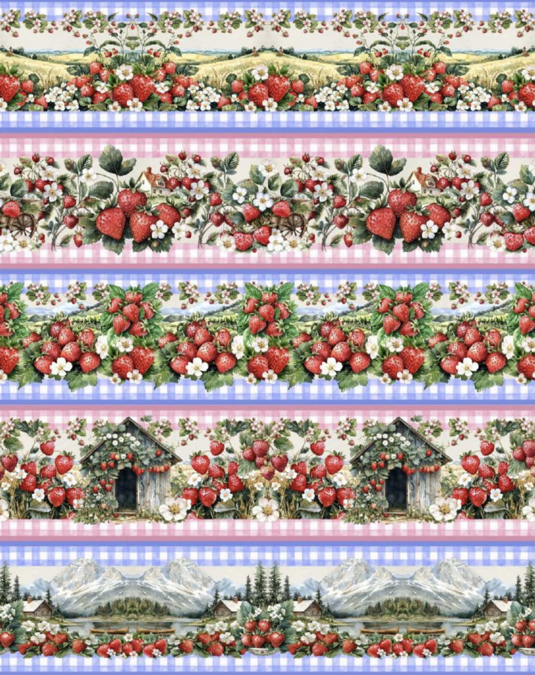 Tricoline estampa digital barrado morangos - CORTES 0,55m x 1,50m