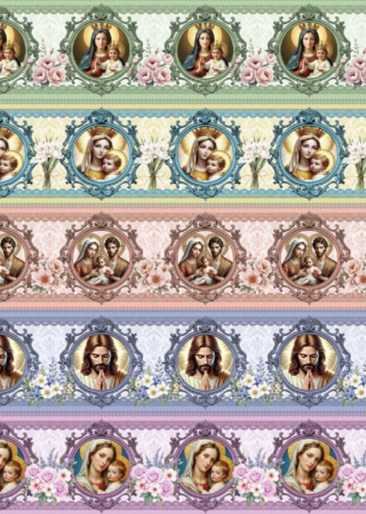 Tricoline estampa digital barrado Família Abençoada - CORTES 0,55m x 1,50m 