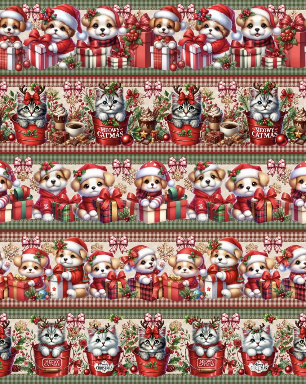 Tricoline estampa digital barrado pets prontos para o natal - CORTES 0,55m x 1,50m