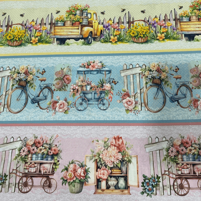 Tricoline estampa digital barrado bike and flowers