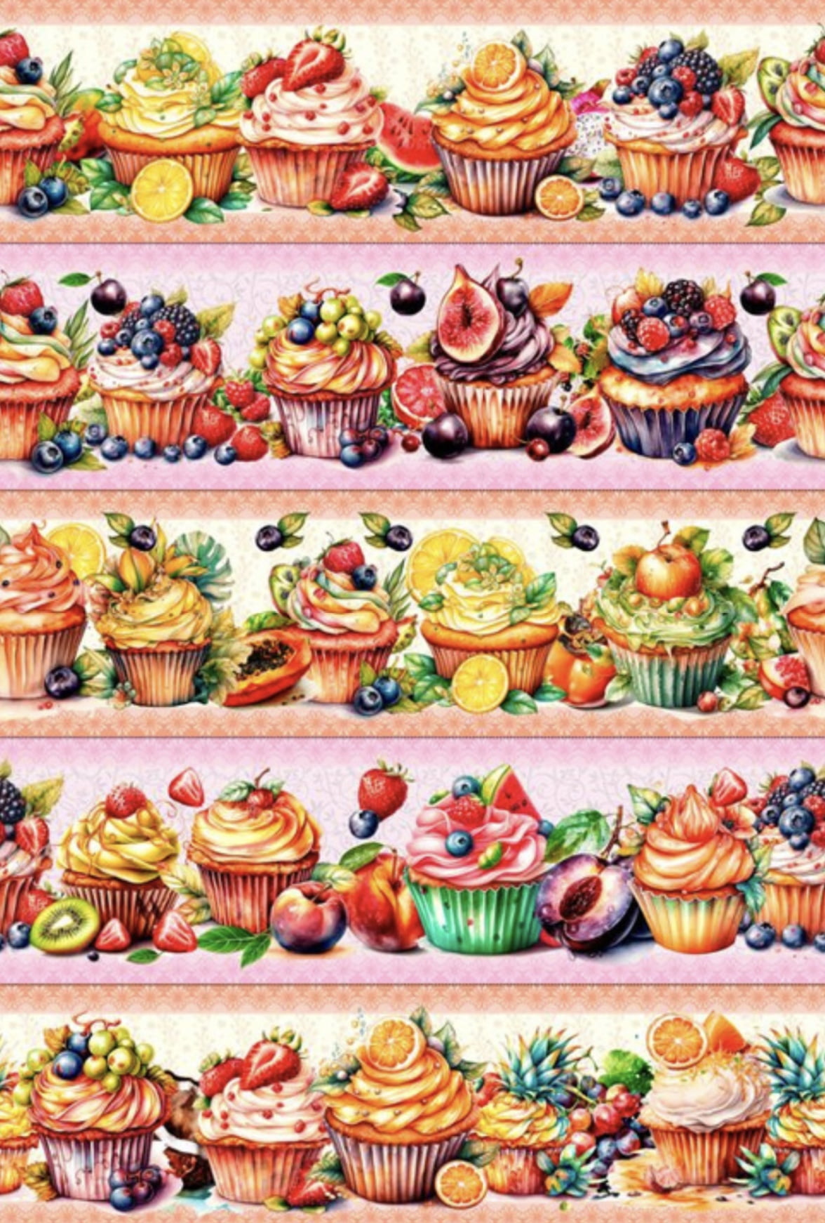 Tricoline estampa digital barrado cupcakes com frutas 