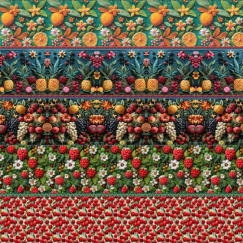 Tricoline estampa digital barrado estilo 3D frutas 1