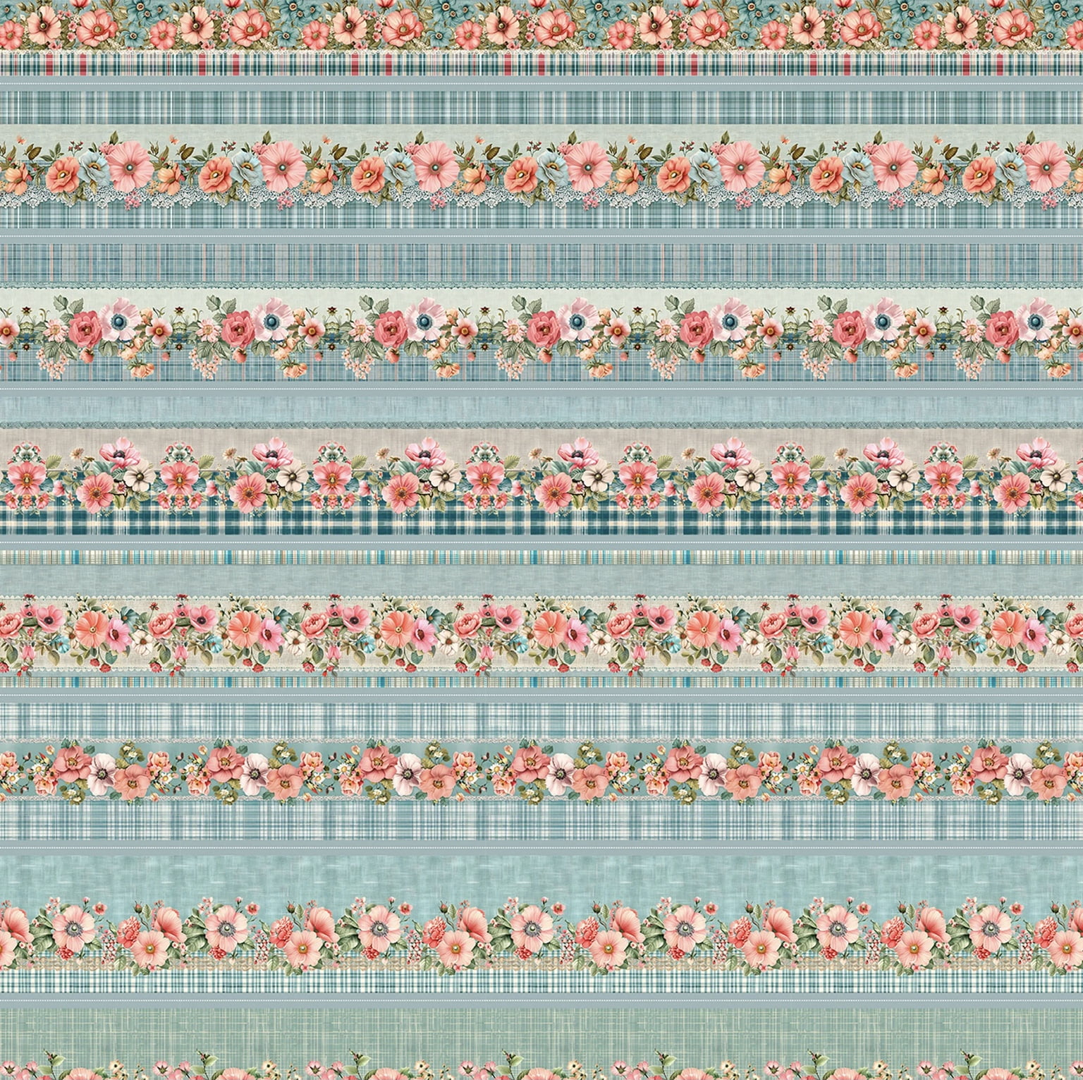 Tricoline estampa digital barrado floral azul chic