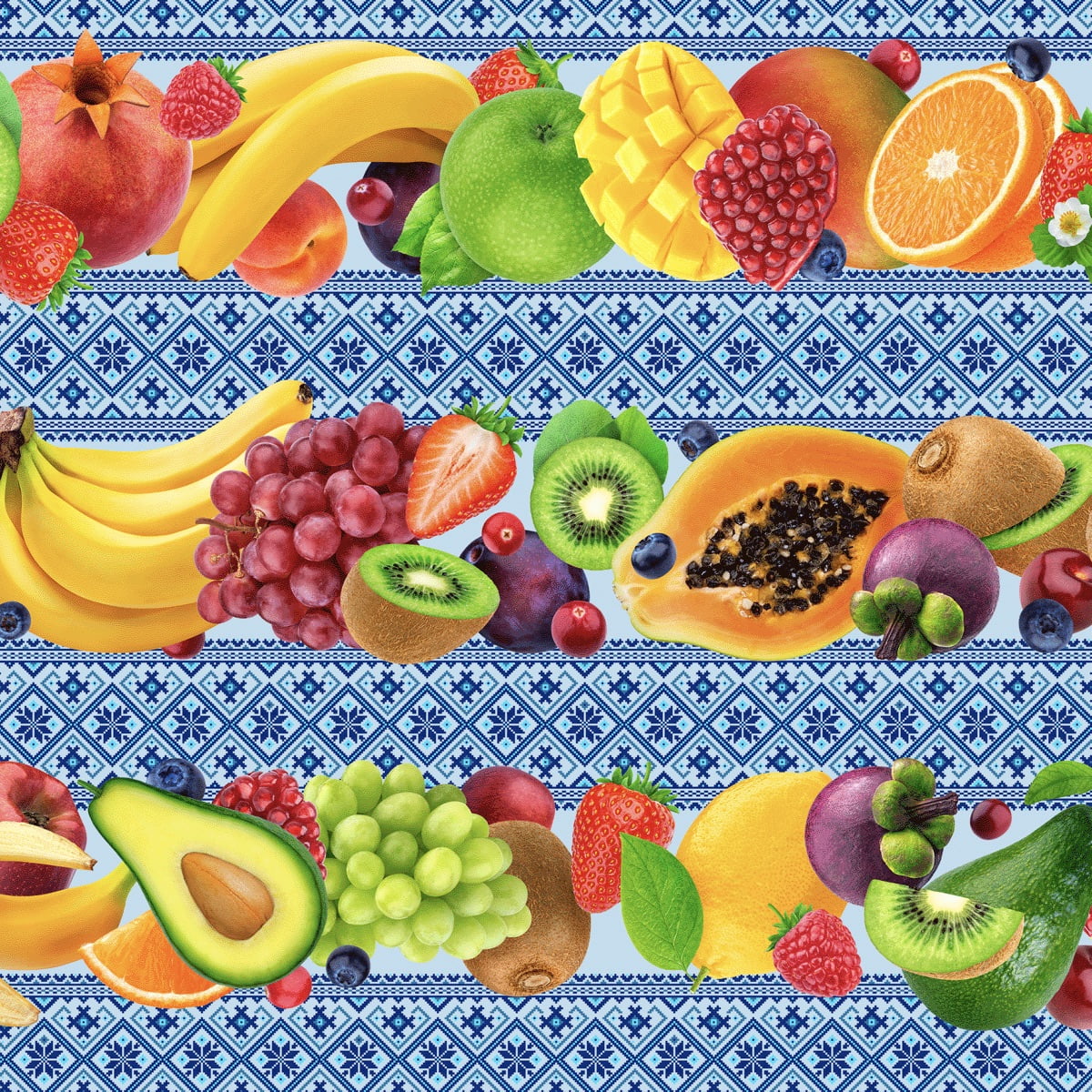Tricoline estampa digital barrado frutas com detalhes em azul promoção 