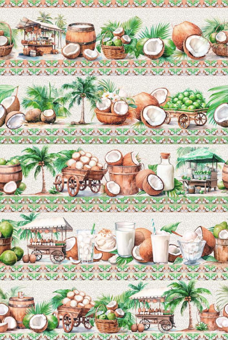 Tricoline estampa digital barrado frutas da praia 