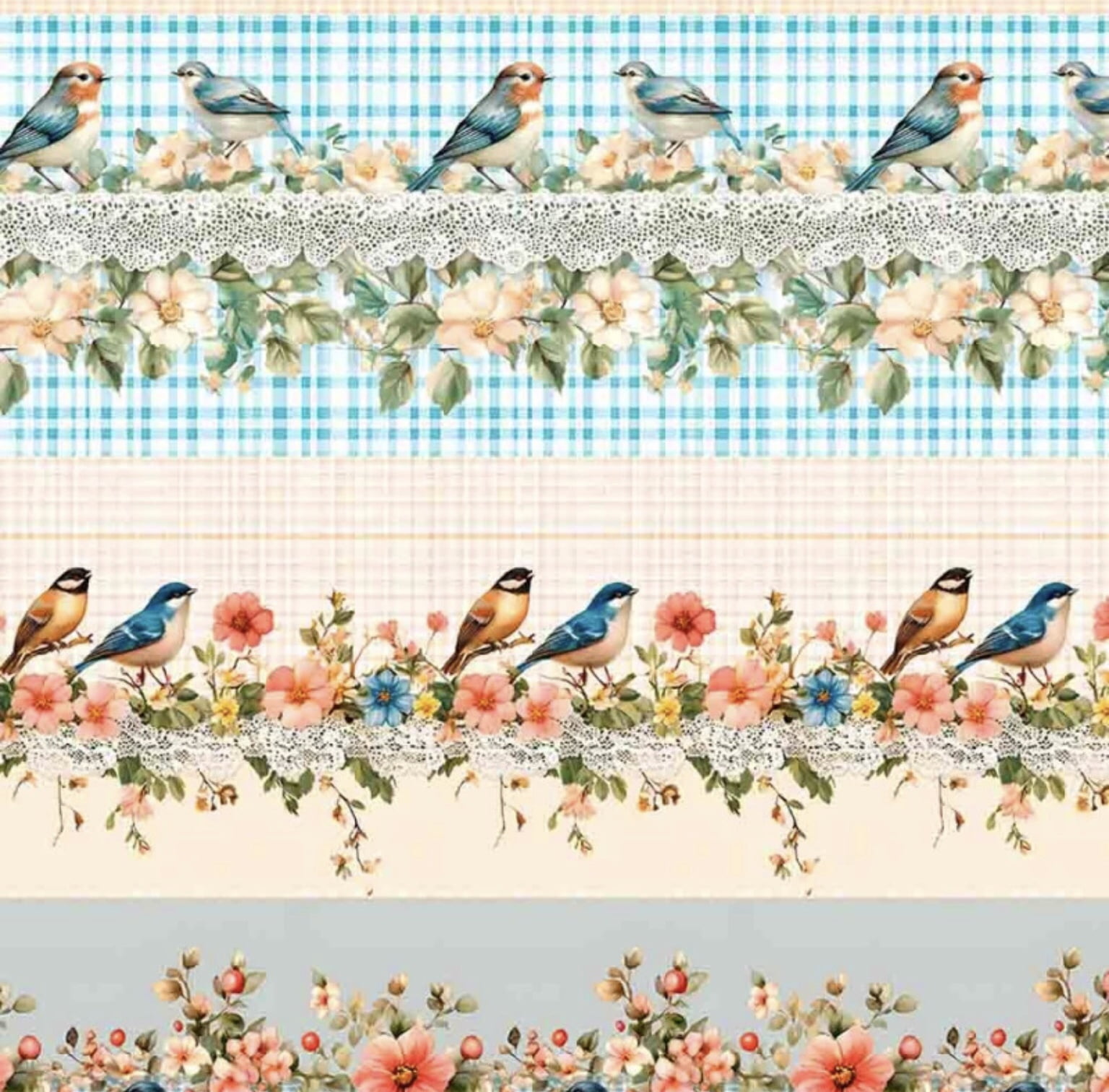 Tricoline estampa digital barrado pássaros delicados 