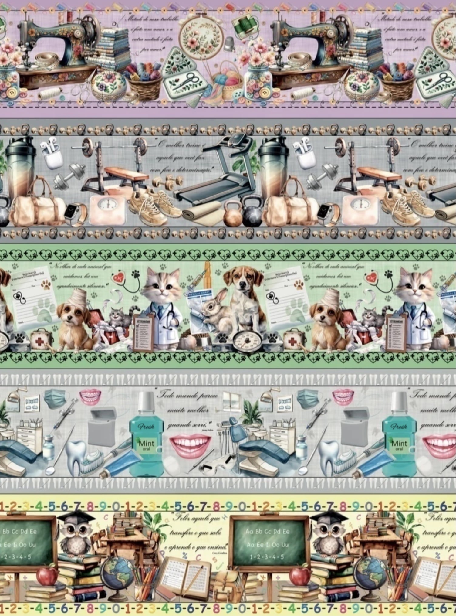 Tricoline estampa digital barrado profissões - CORTES 0,55m x 1,50m