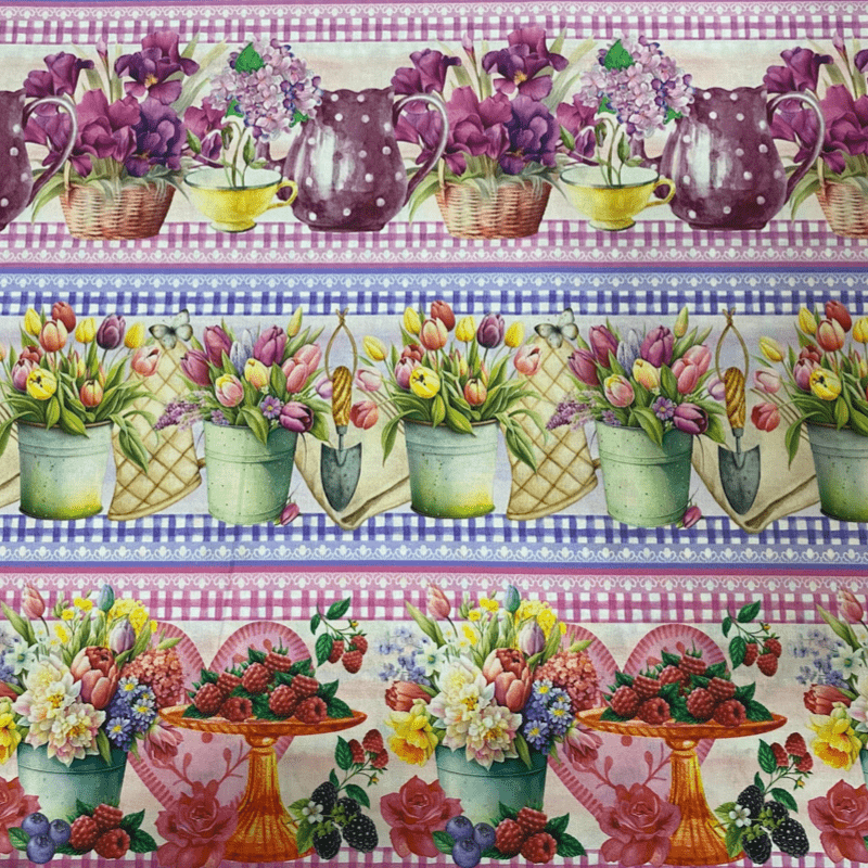 Tricoline estampa digital barrado vasinho com flores