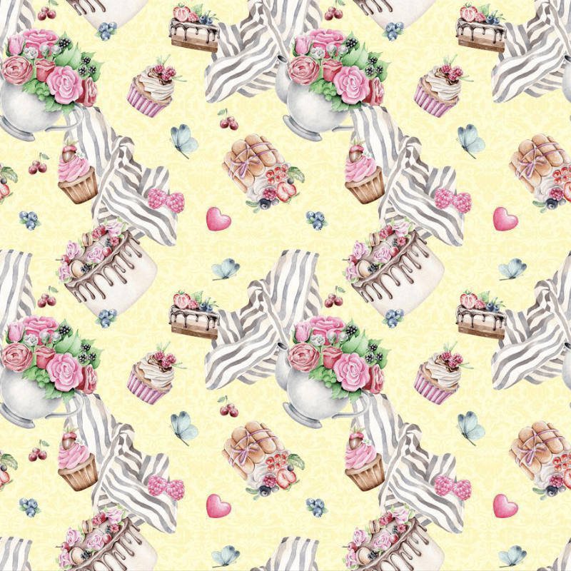 Tricoline estampa digital composê flores e bolos