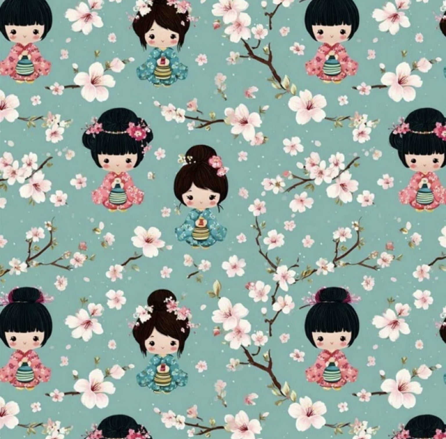 Tricoline estampa digital kokeshi com cerejeiras 