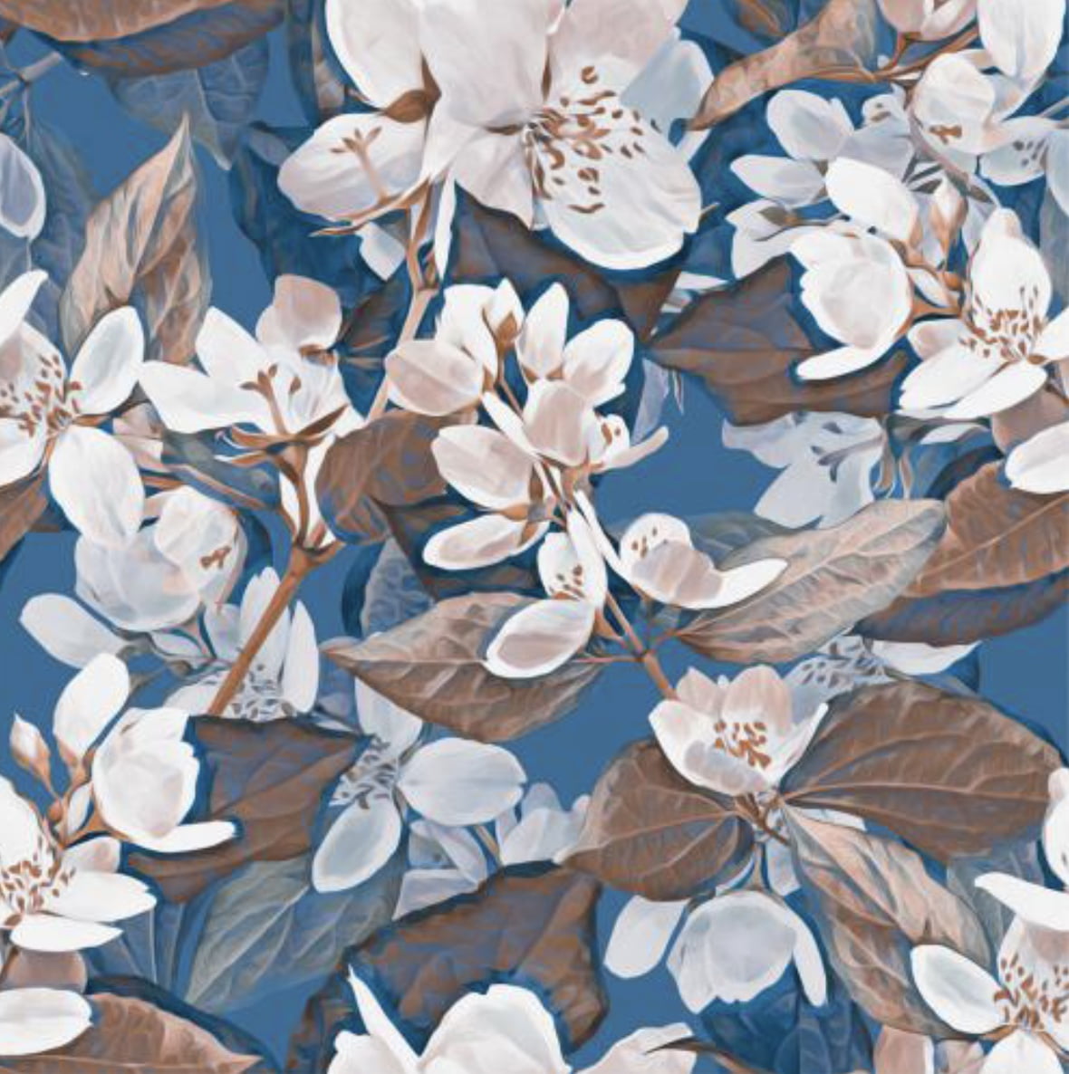 Tricoline estampa digital floral bege fundo azul