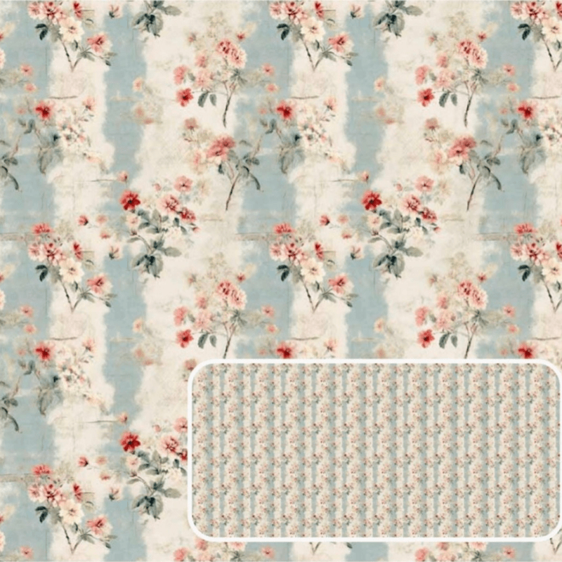 Tricoline estampa digital floral com listrado azul Shabby Romance
