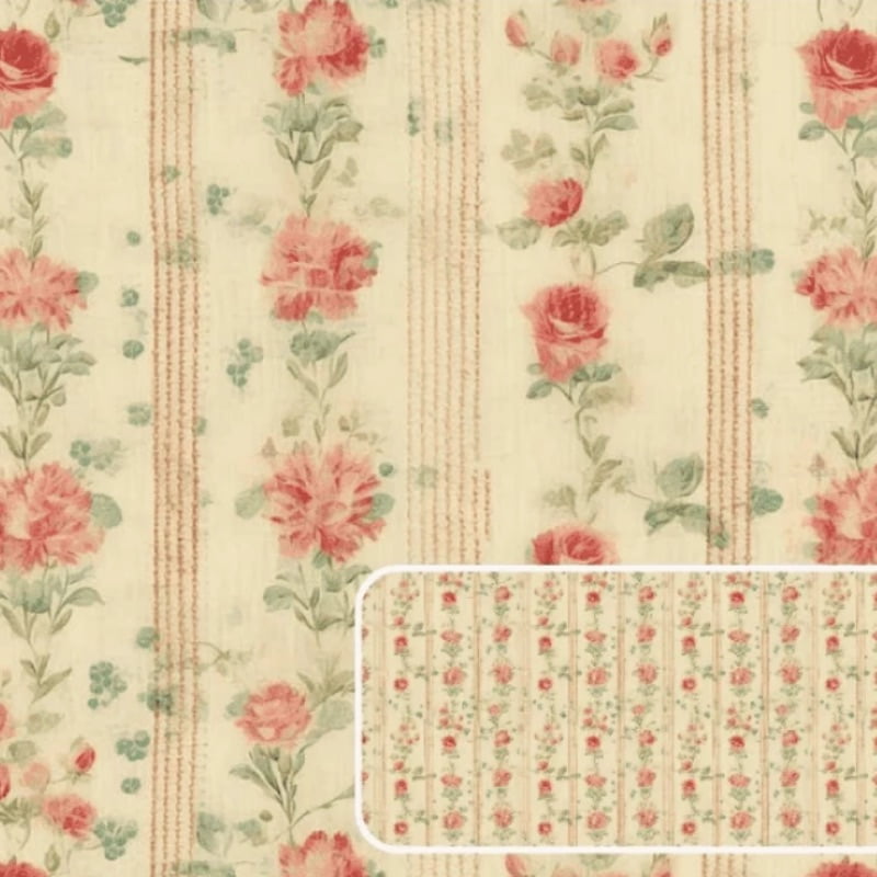 Tricoline estampa digital floral com listrado bege Shabby Romance 