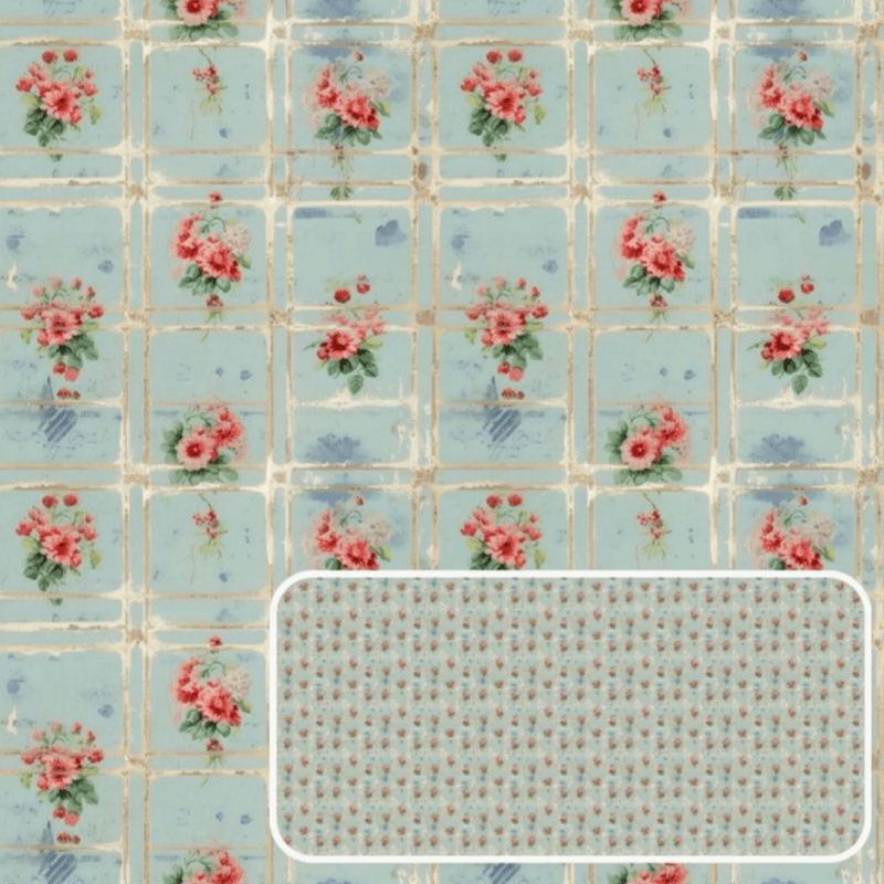 Tricoline estampa digital floral fundo xadrez Shabby Romance