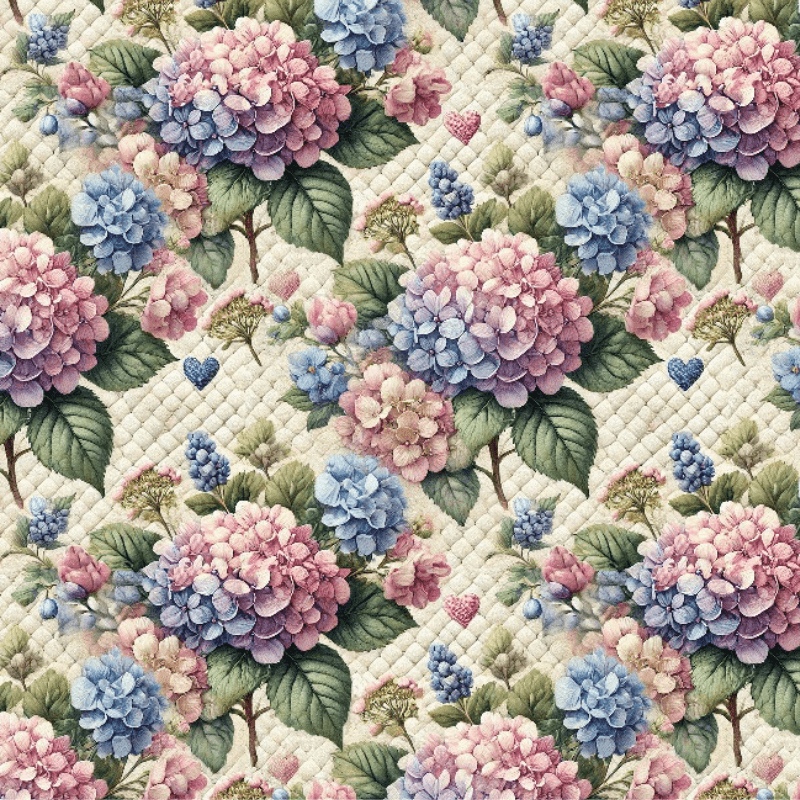 Tricoline estampa digital floral hortênsias com treliçado 