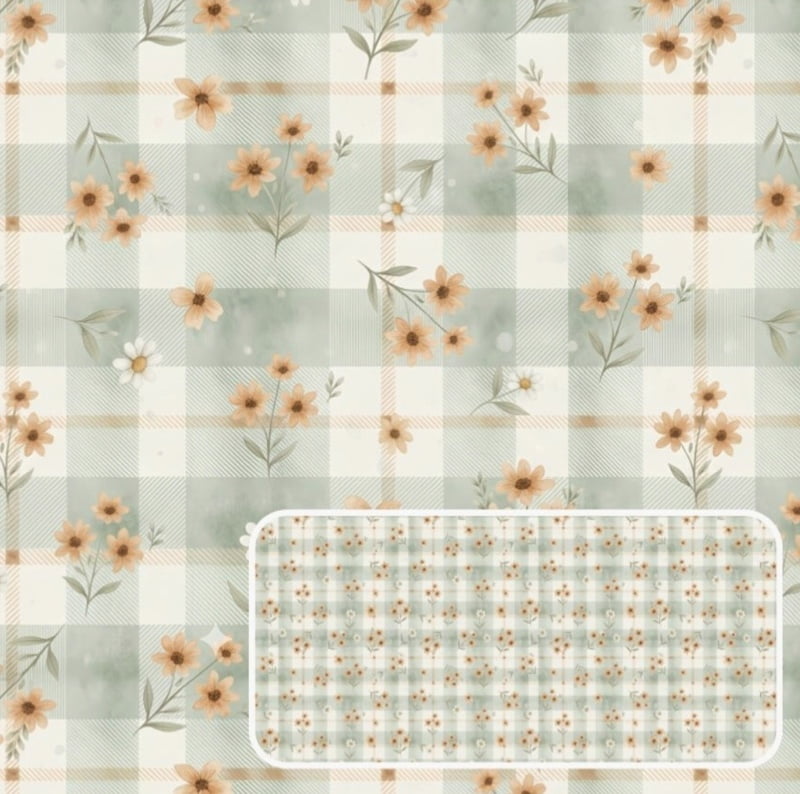 Tricoline estampa digital floral miúdo fundo xadrez cute orange