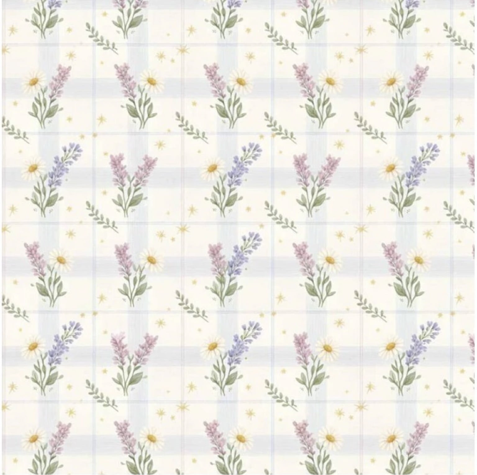 Tricoline estampa digital margarida e lavanda fundo xadrez