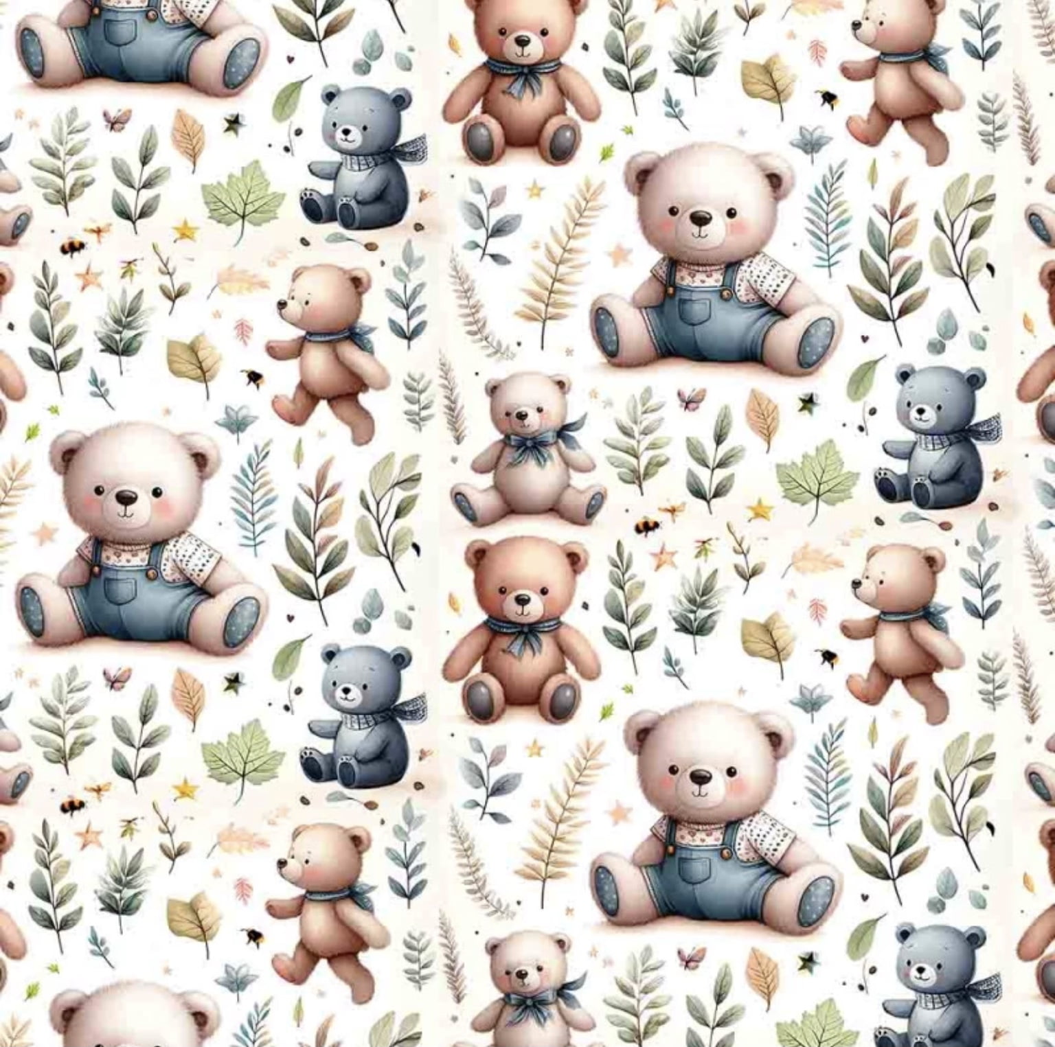 Tricoline estampa digital ursos com folhagem