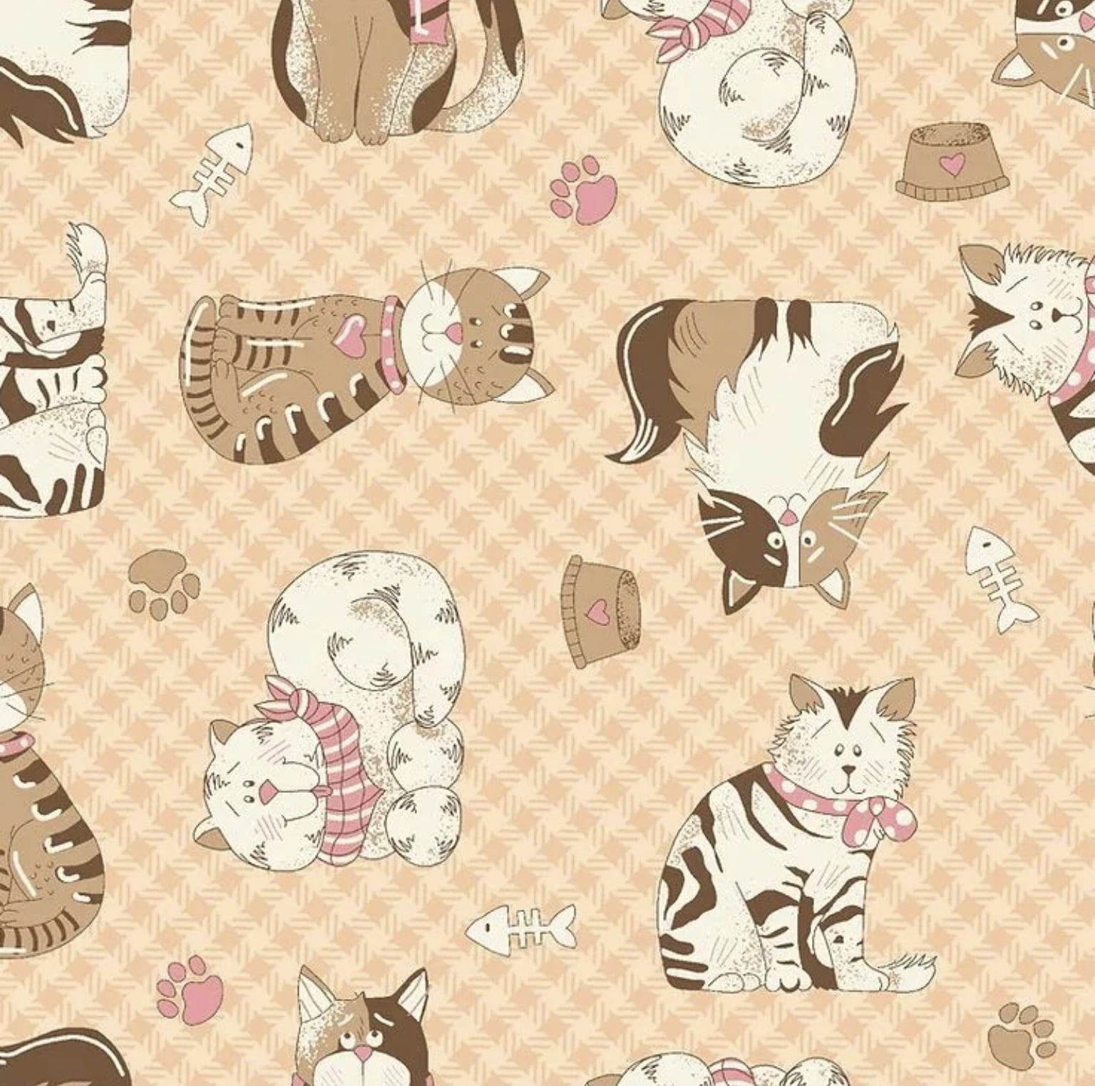 Tricoline estampado mini gatos fundo manteiga 