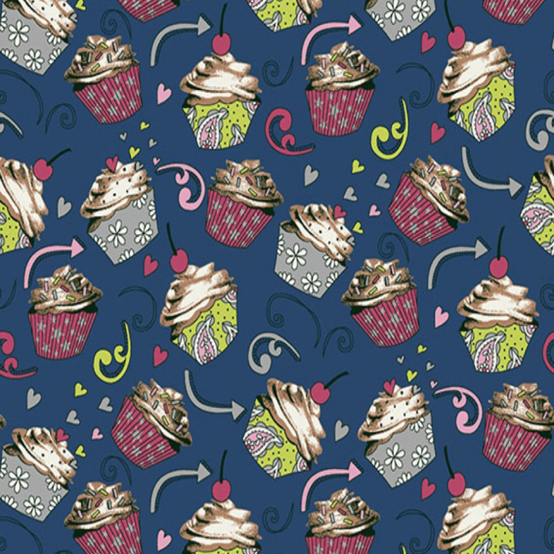 Tricoline estampado cupcake fundo azul escuro 