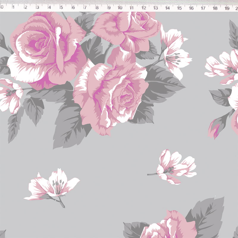 Tricoline estampado classique rosas grandes fundo cinza