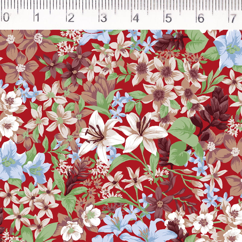Tricoline estampado floral bege fundo vermelho 