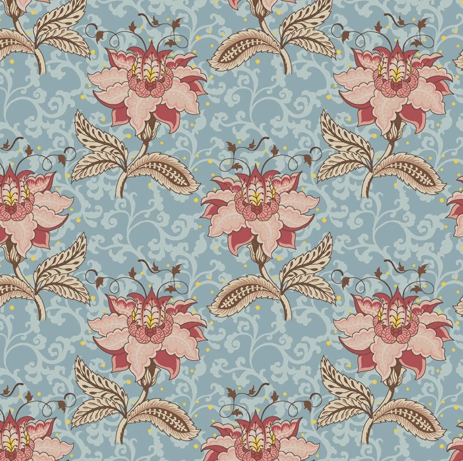 Tricoline estampado floral com arabescos fundo azul