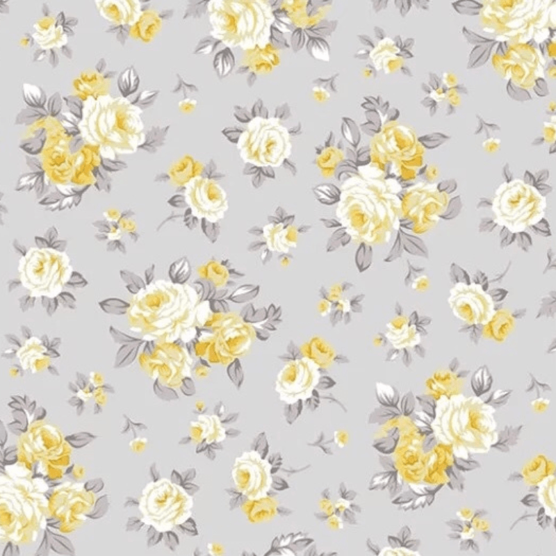 Tricoline estampado floral Magnólia cinza com amarelo