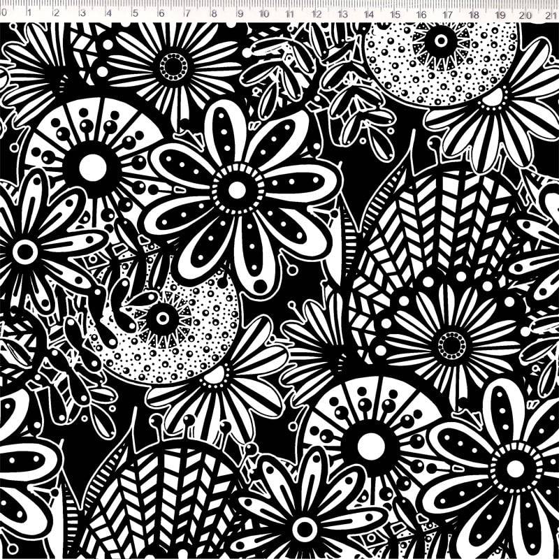 Tricoline estampado floral preto e branco 