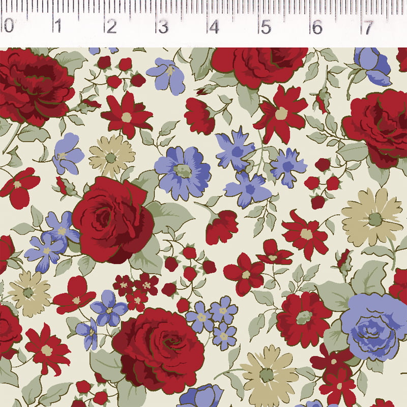 Tricoline estampado floral vermelho e azul fundo claro