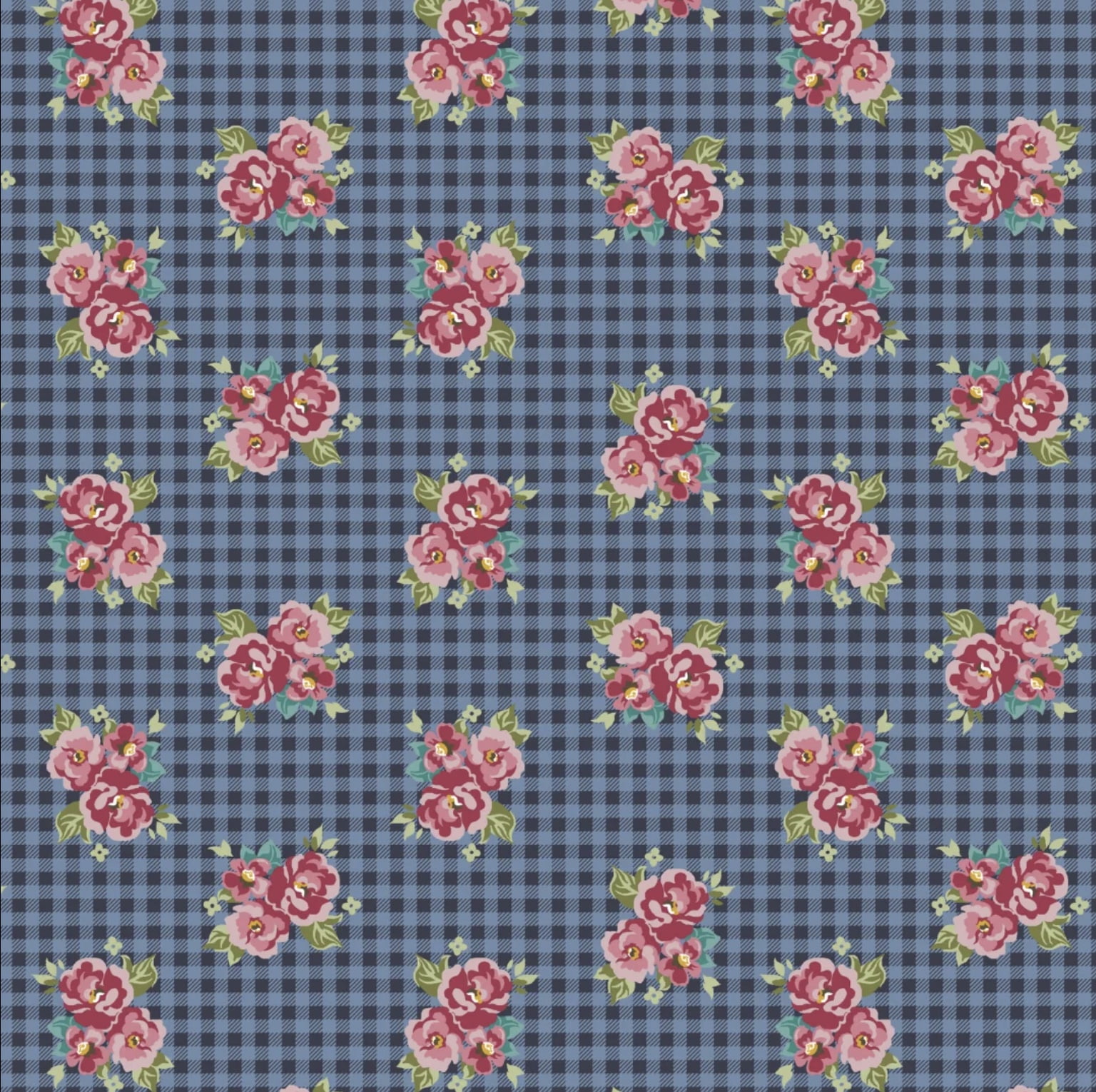 Tricoline estampado floral xadrez camberra marinho 