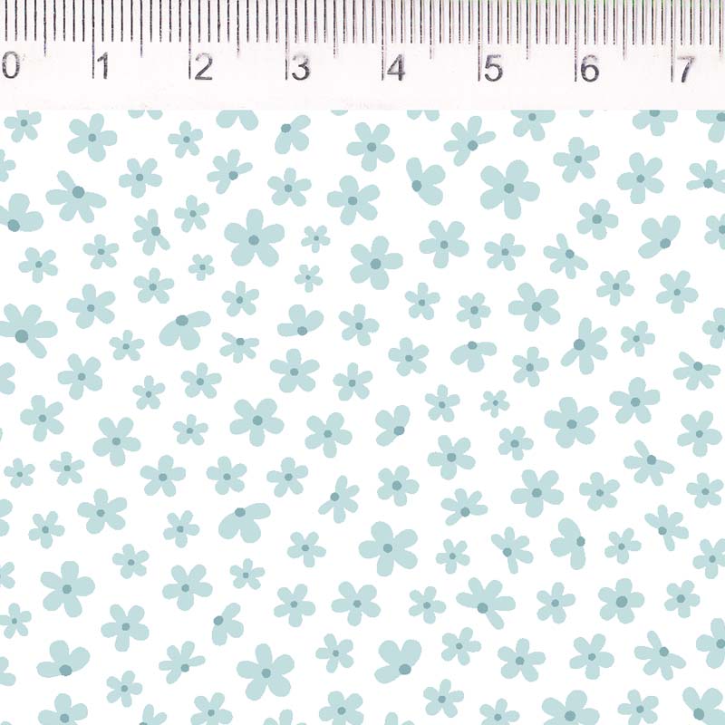 Tricoline estampado florzinha azul fundo branco 