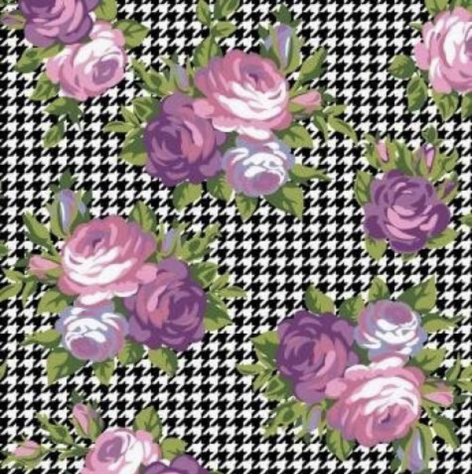 Tricoline estampado pied de poule com floral roxo