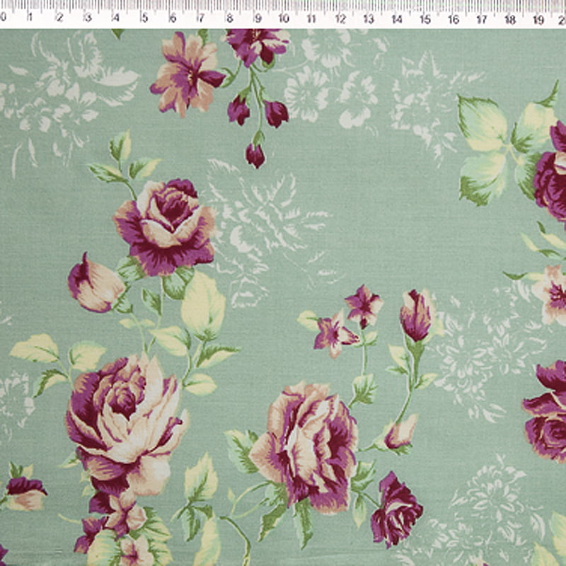 Tricoline estampado rosas fundo azul esverdeado 