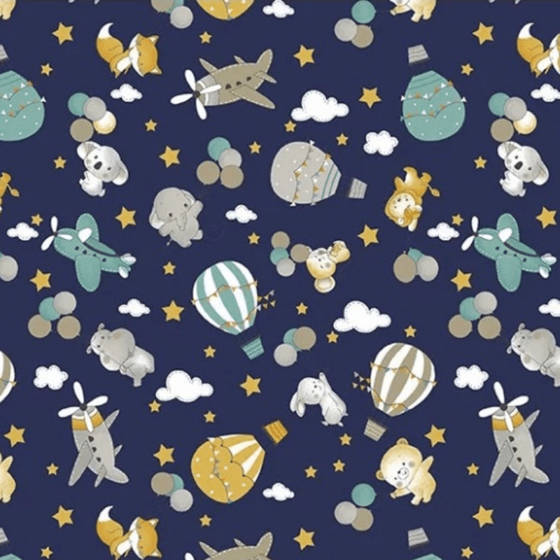 Tricoline estampado bichinhos e balões fundo azul marinho 
