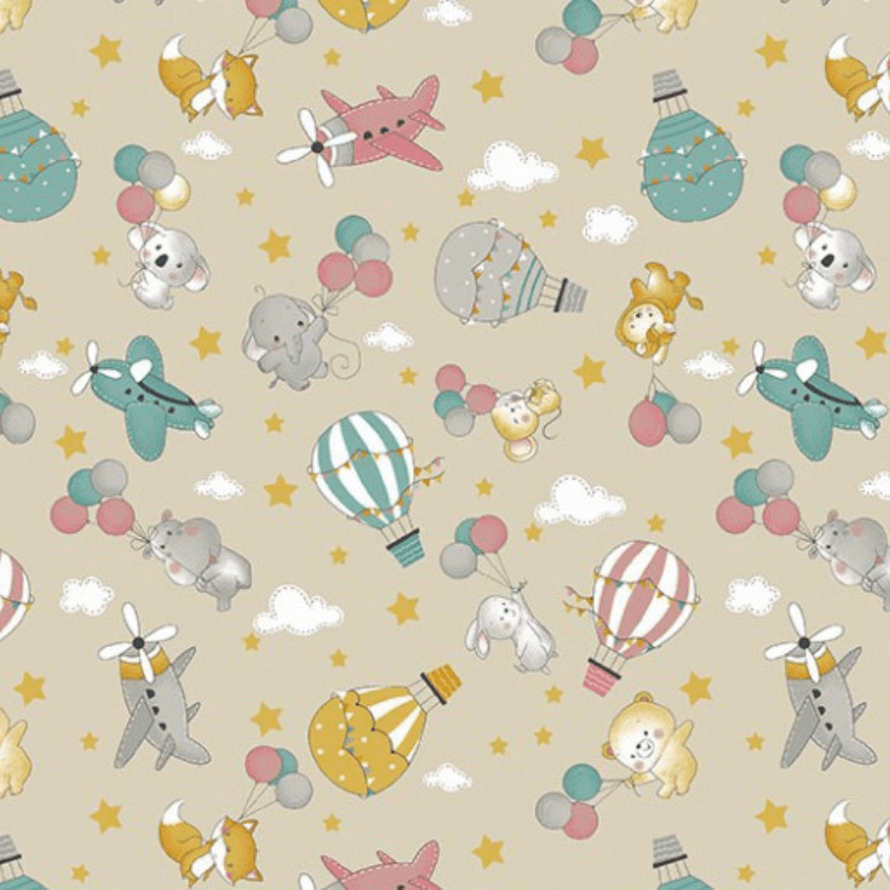 Tricoline estampado bichinhos e balões fundo bege