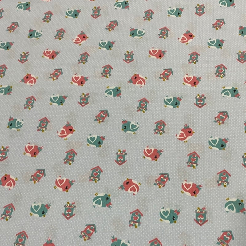 Tricoline estampado passarinhos fundo azul 