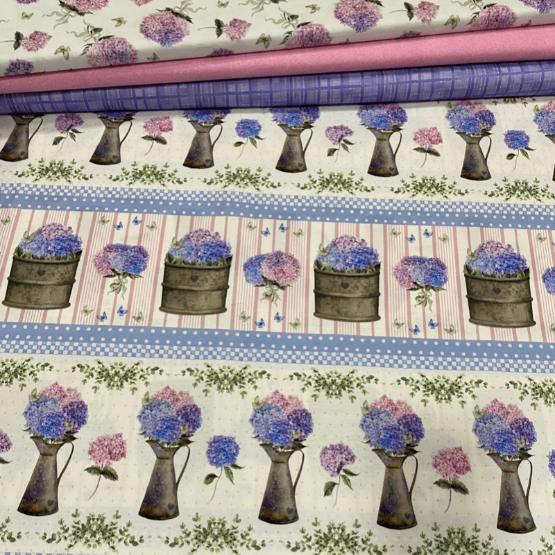 Kit de tricoline barrado hortênsias lilás e azul 