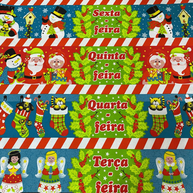 Tricoline estampado barrado semaninha papai noel e mamãe noel 