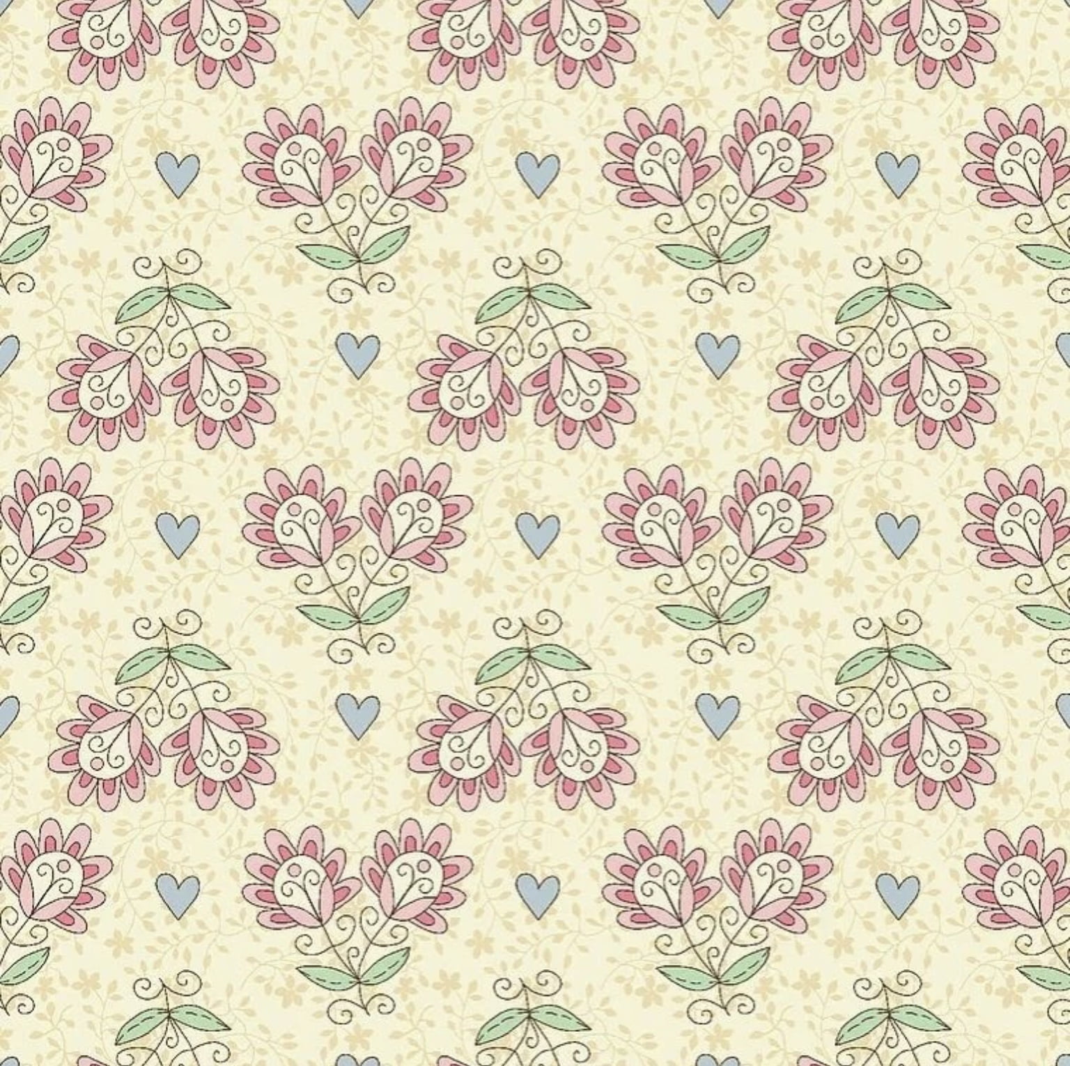 Tricoline estampado flores com corações fundo amarelo 