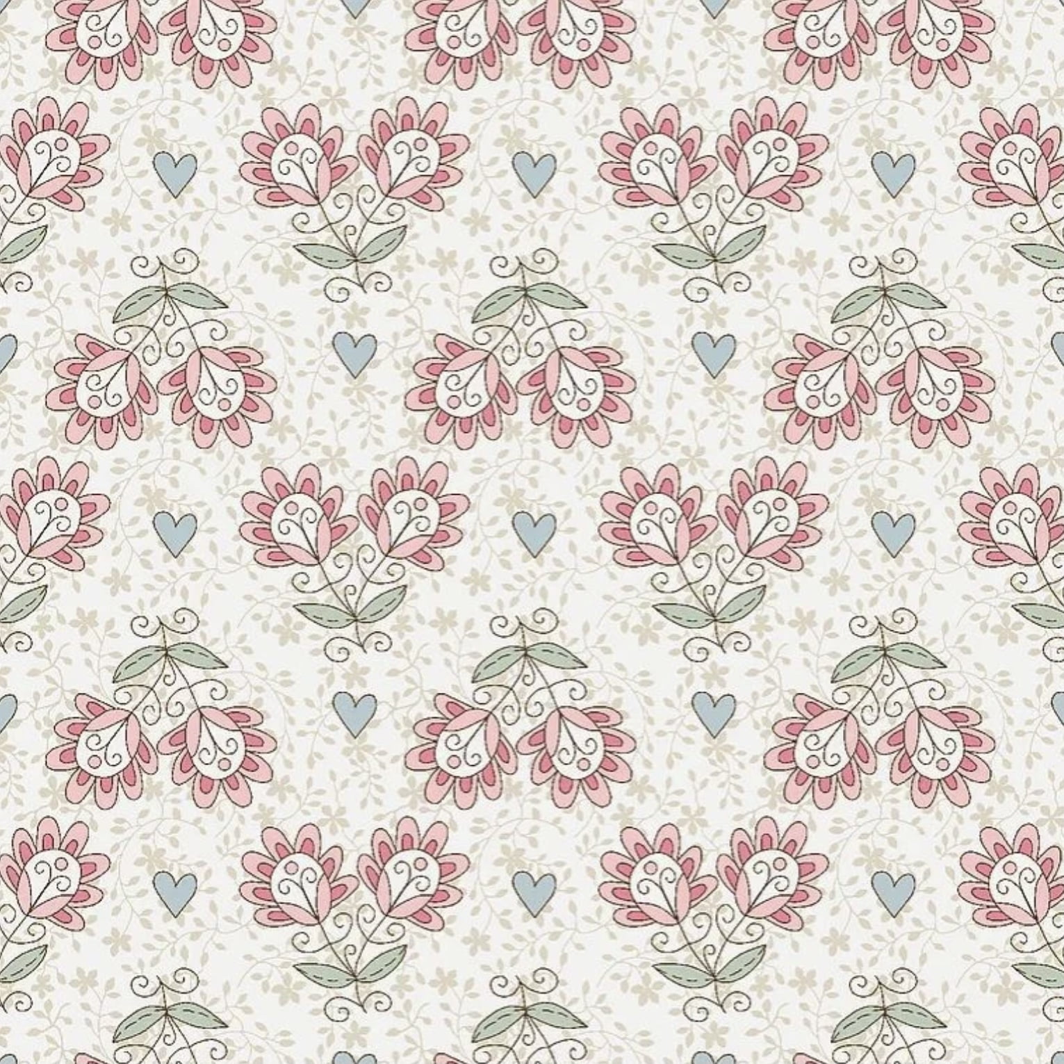 Tricoline estampado flores com corações fundo bege