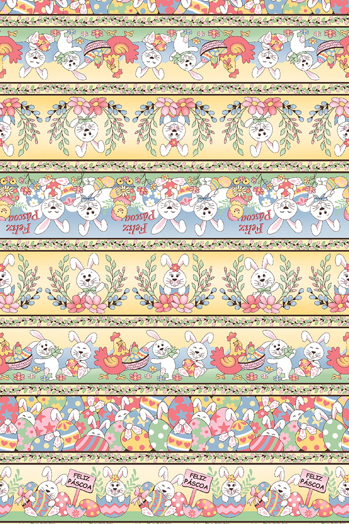 Tricoline estampado barrado coelhos e galinhas 