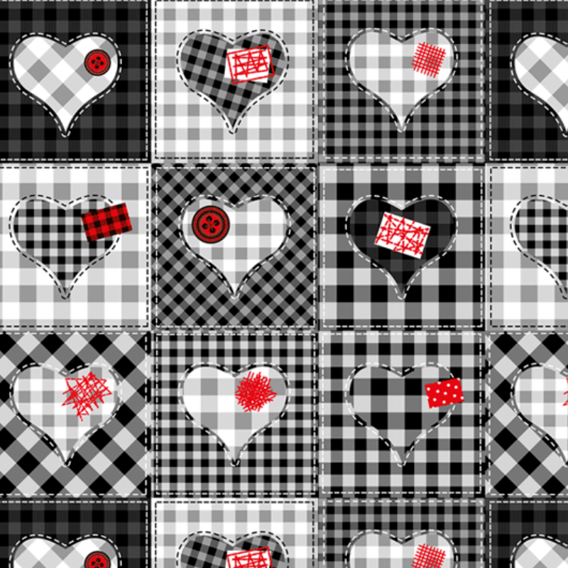 Tricoline estampa digital xadrez tipo patchwork preto e branco