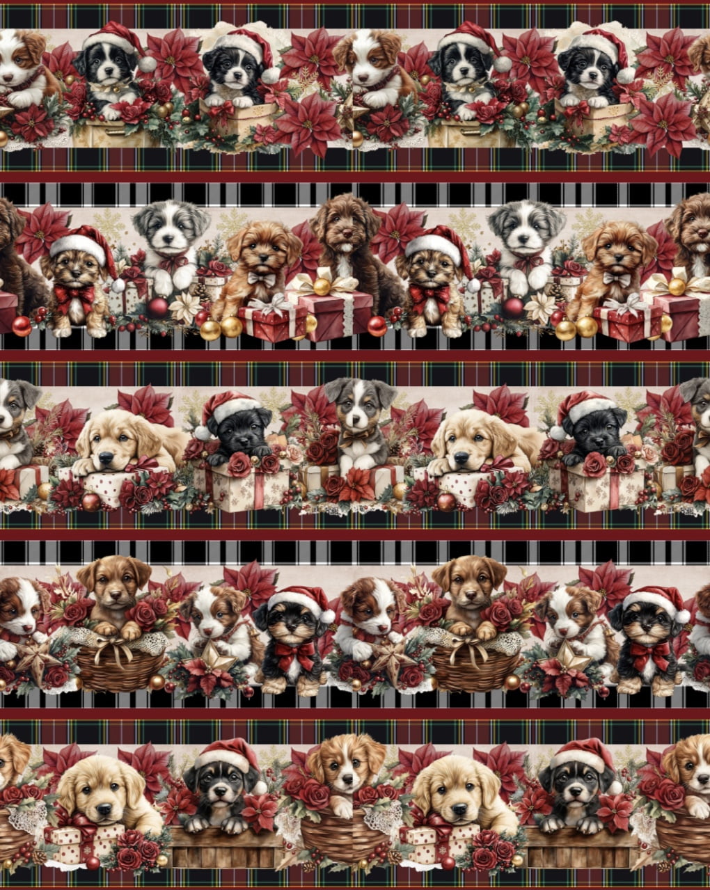 Tricoline estampa digital barrado cachorrinhos natalinos - CORTES 0,55m x 1,50m