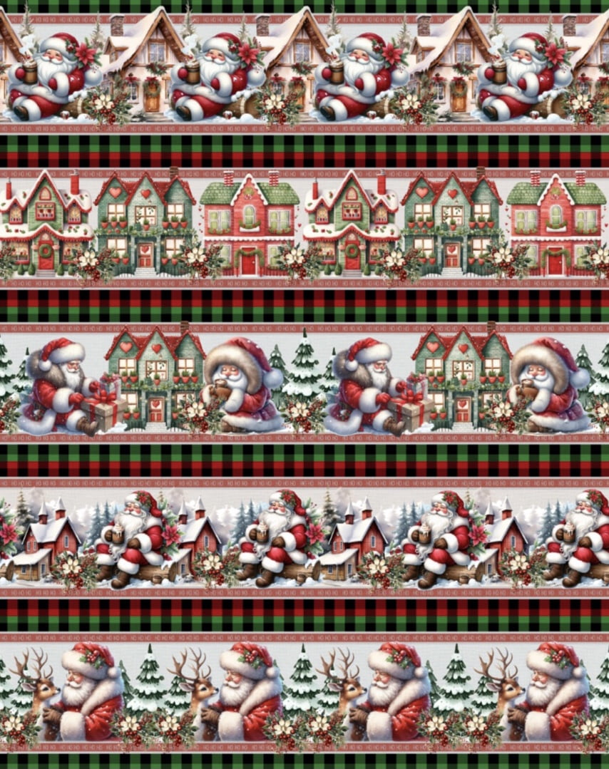 Tricoline estampa digital barrado cute claus - CORTES 0,55m x 1,50m 