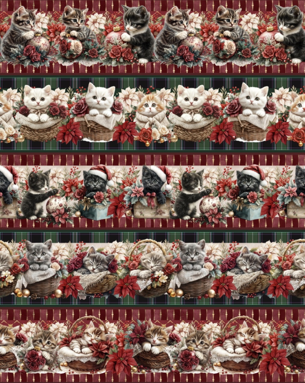 Tricoline estampa digital barrado gatinhos natalinos - CORTES 0,55m x 1,50m